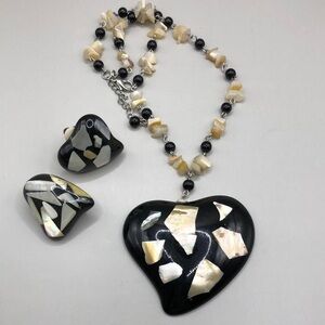 Vintage lucite heart jewelry set with MoP bead inlay necklace + earrings.